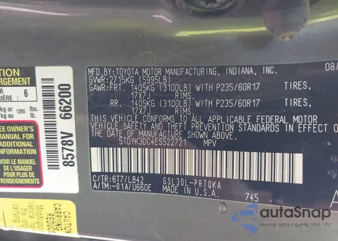 2014 Toyota Sienna Xle V6 8 Passenger z USA, uszkodzony, nr VIN 5TDYK3DC4ES522721